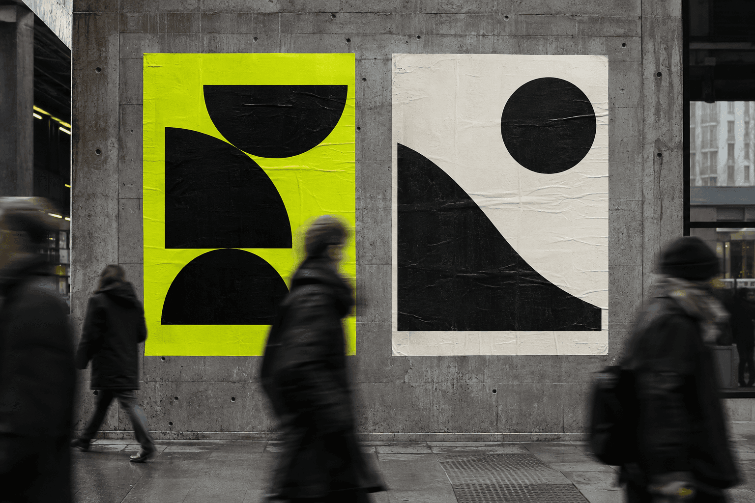 Torn poster artwork with bold graphic shapes