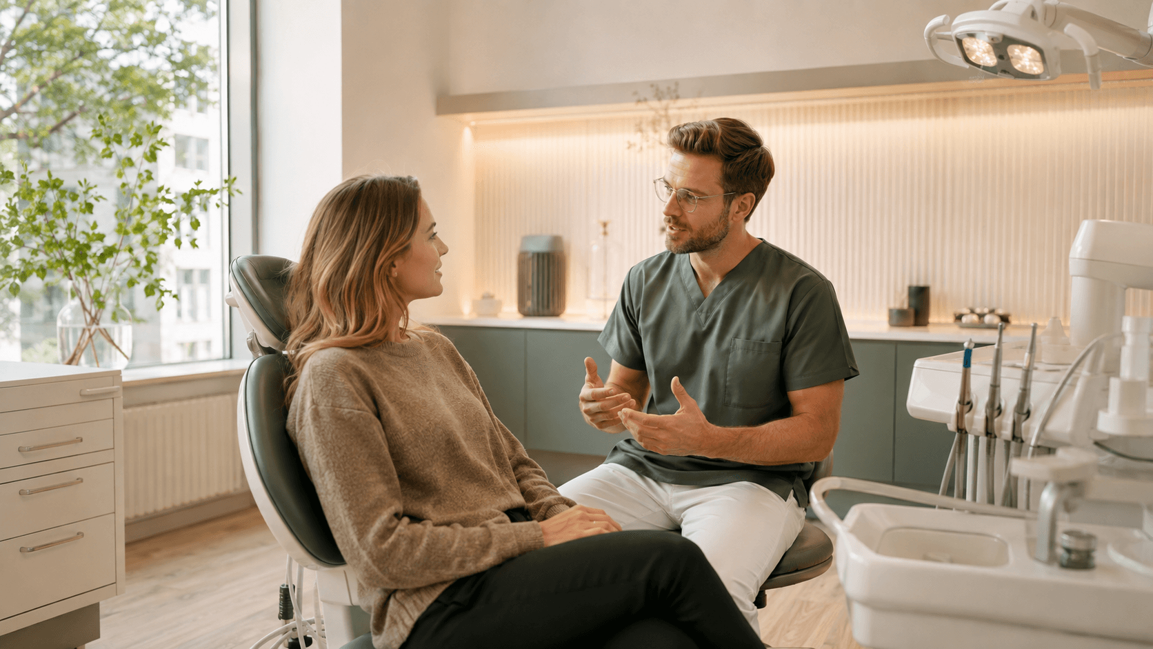 A dentist explains treatment options to a patient at OONA