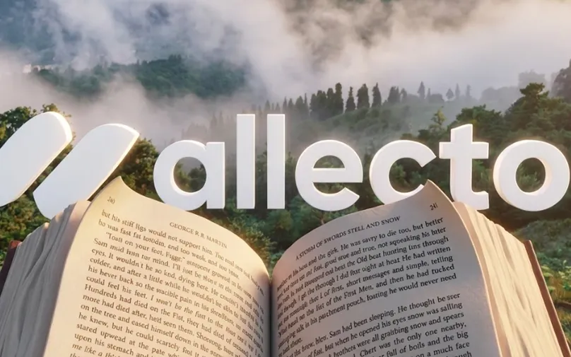Allecto concept cover — a large wordmark above an open book, set against a misted mountain landscape