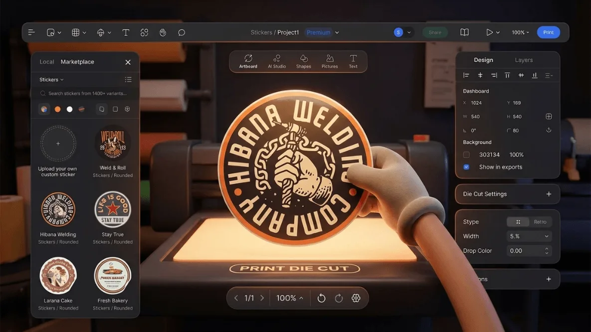 Digitek sticker editor showing a die-cut circular sticker design being printed