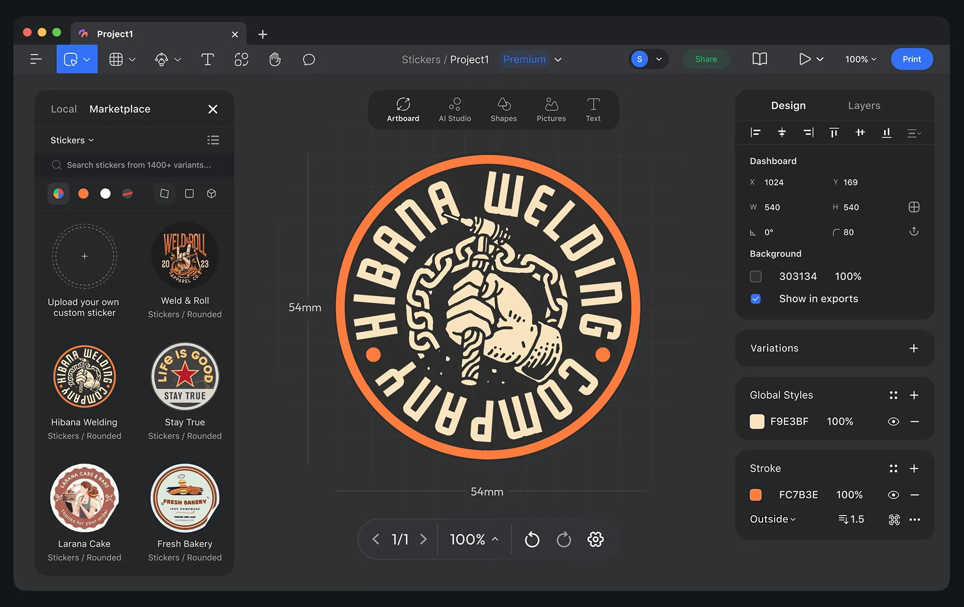 Digitek sticker design tool showing a die-cut circular sticker at true size with stroke and layer controls