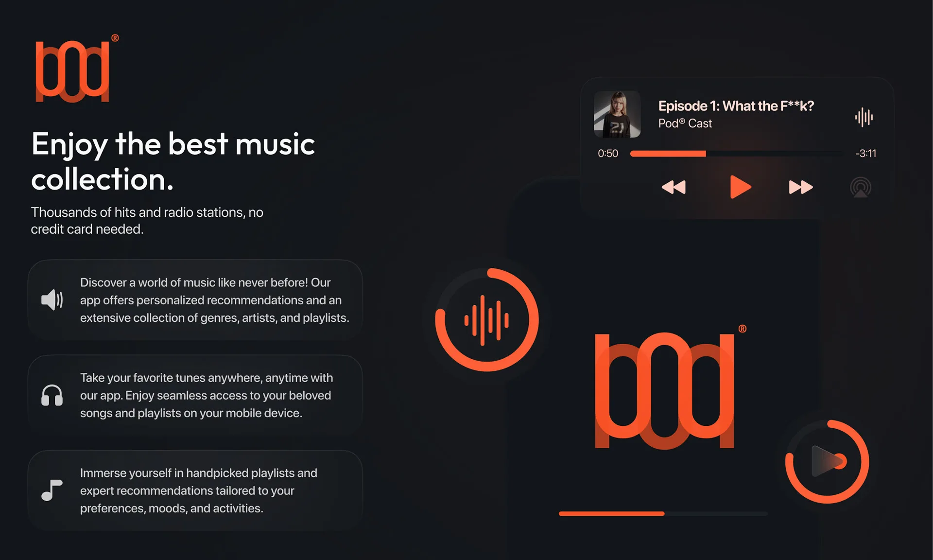 Pod Cast app promo screen with the wordmark, feature list, and a now-playing card on a dark background