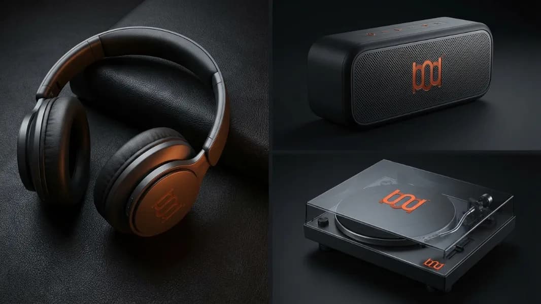 Three individual product shots of Pod Cast branded headphones, speaker, and turntable
