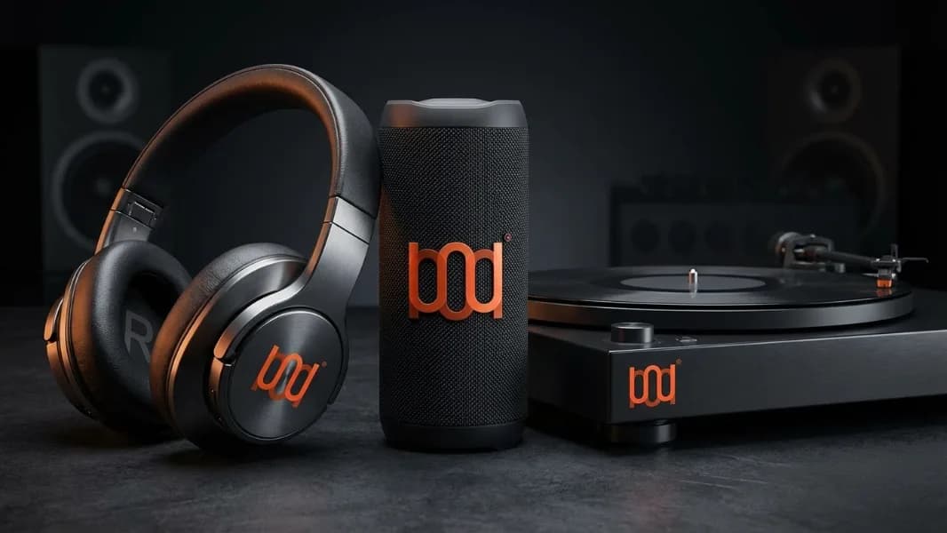 Pod Cast branded headphones, a portable speaker, and a turntable staged together on a dark surface