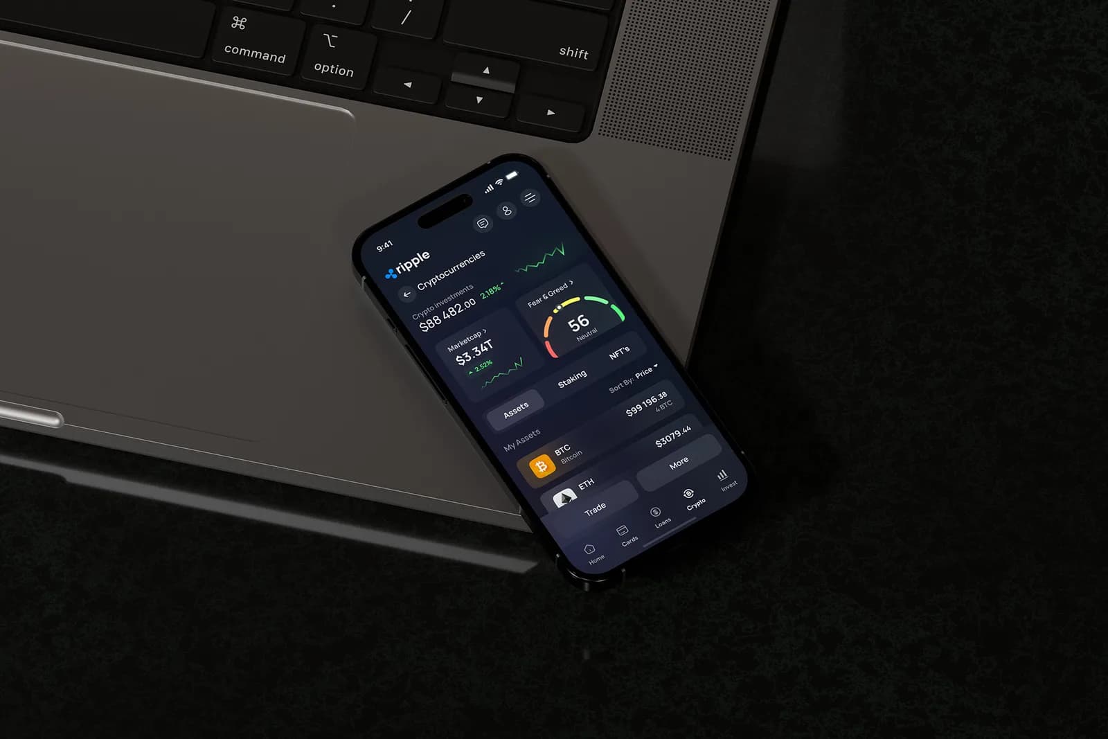 Ripple app Cryptocurrencies screen showing crypto investments, market cap, and a Fear & Greed index