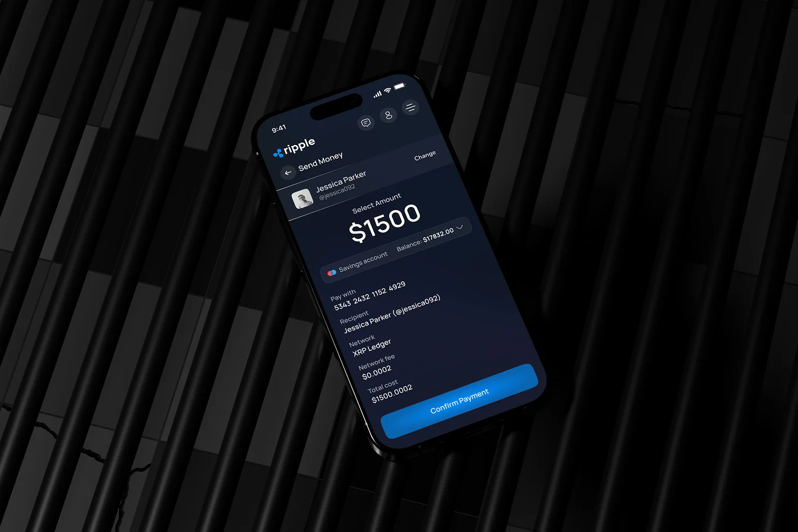 Ripple app Send Money screen showing recipient, amount, XRP Ledger network fee, and a Confirm Payment button