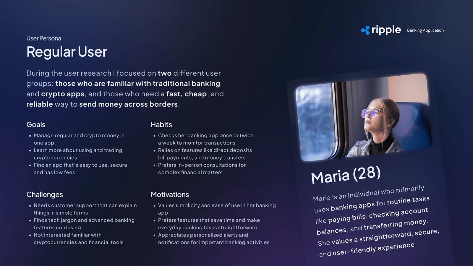 User persona slide for Maria, 28, the regular banking user — goals, habits, challenges, and motivations