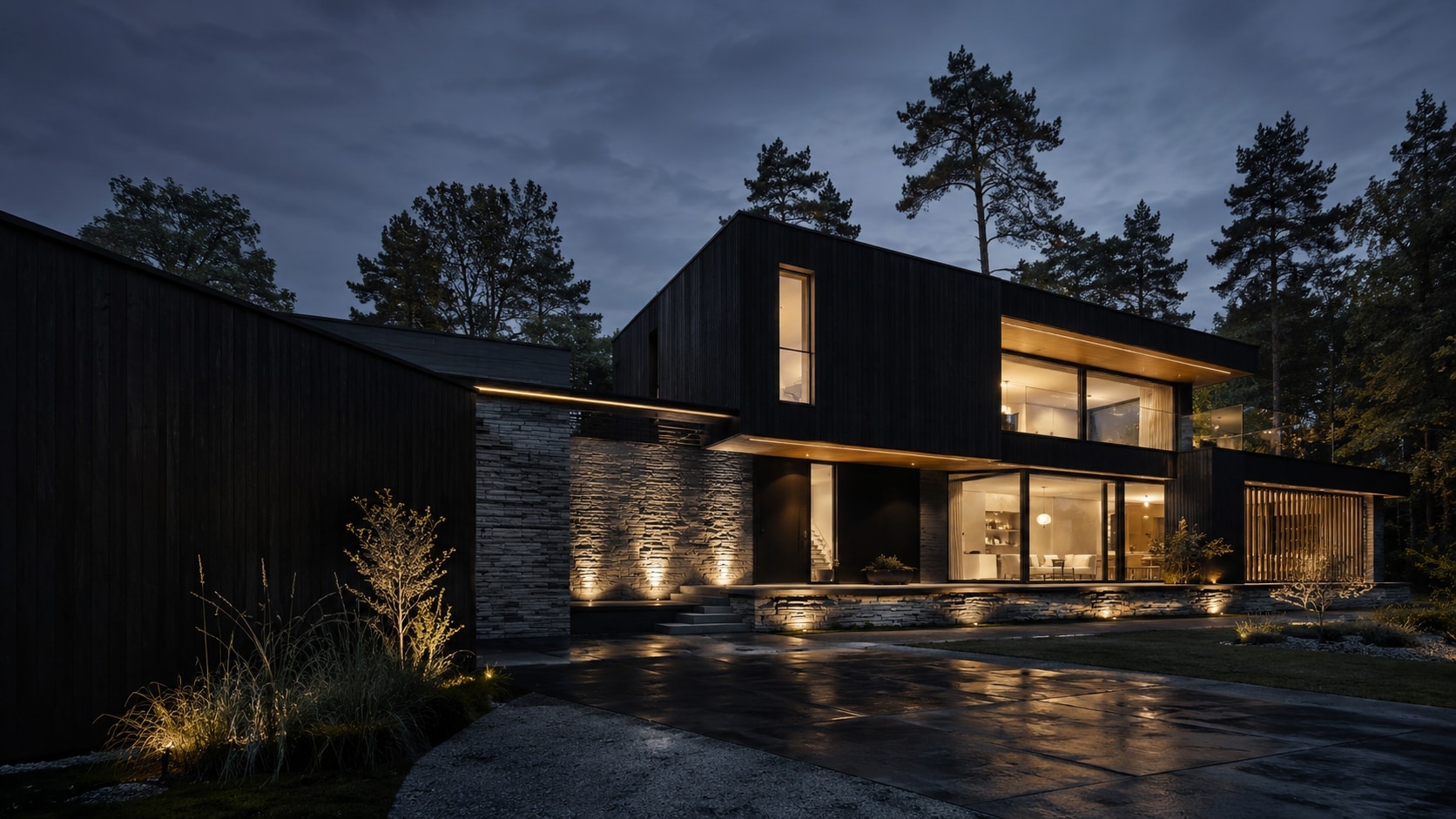 Contemporary house with black timber and stone facade at blue hour, warm interior lighting, completed by the fictional FORMSTEAD studio