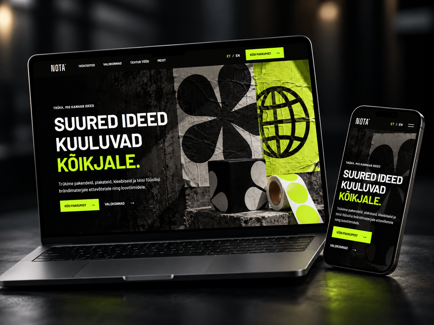 NOTA homepage hero — packaging, stickers and printed textures against a dark backdrop