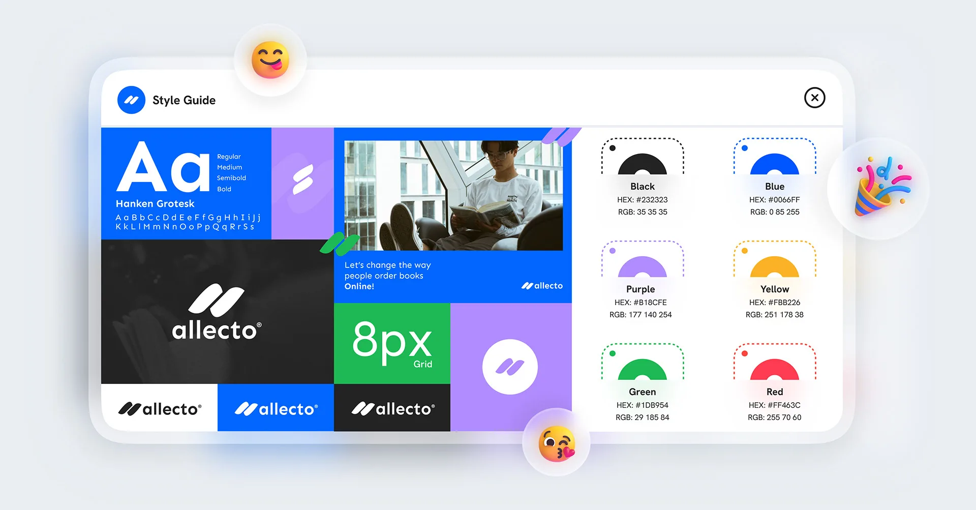 Allecto style guide — typography, colour tokens, an 8px grid, and logo lockup variations