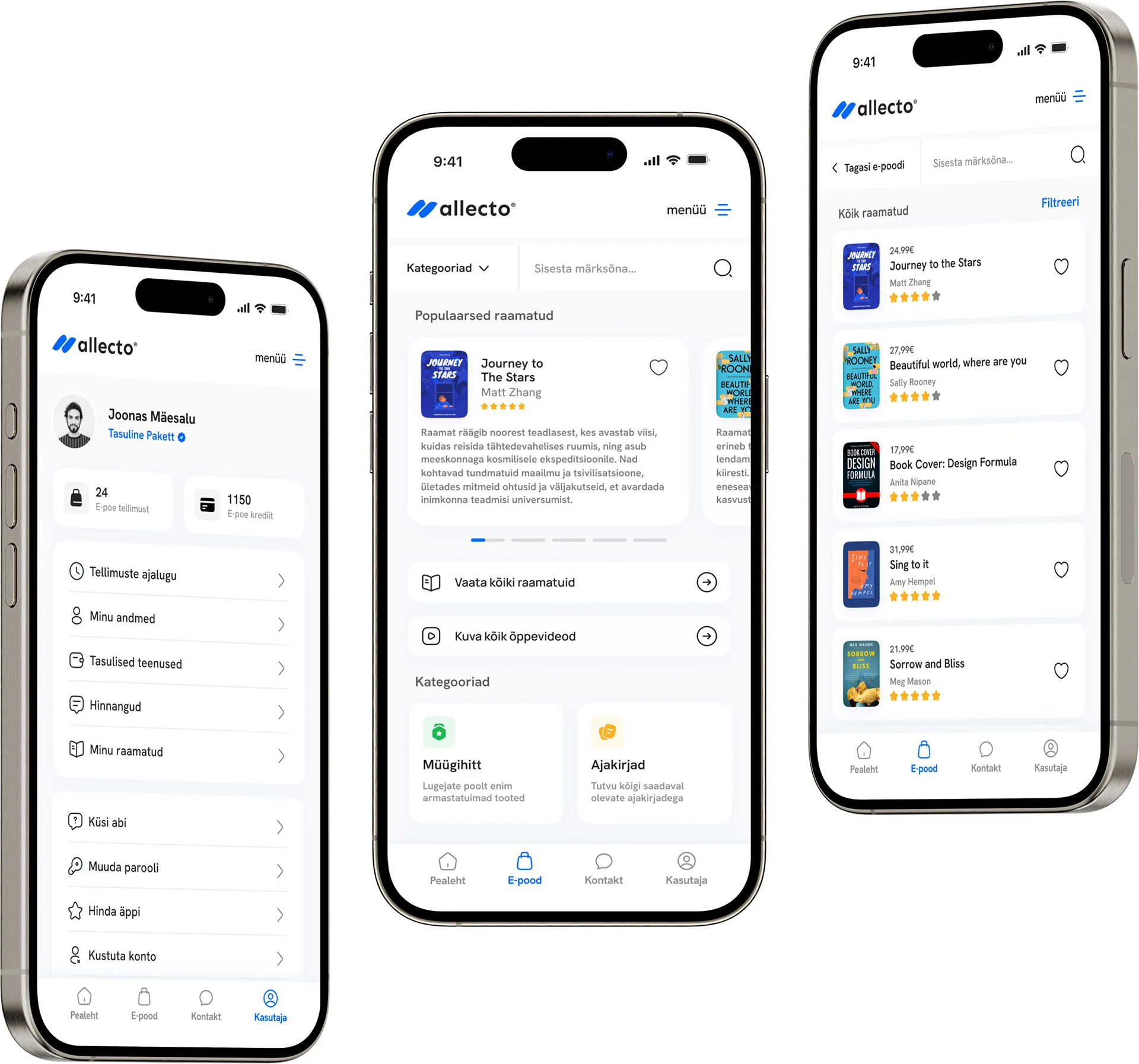 Three Allecto mobile app screens — account, shop home with popular books, and the full book catalogue