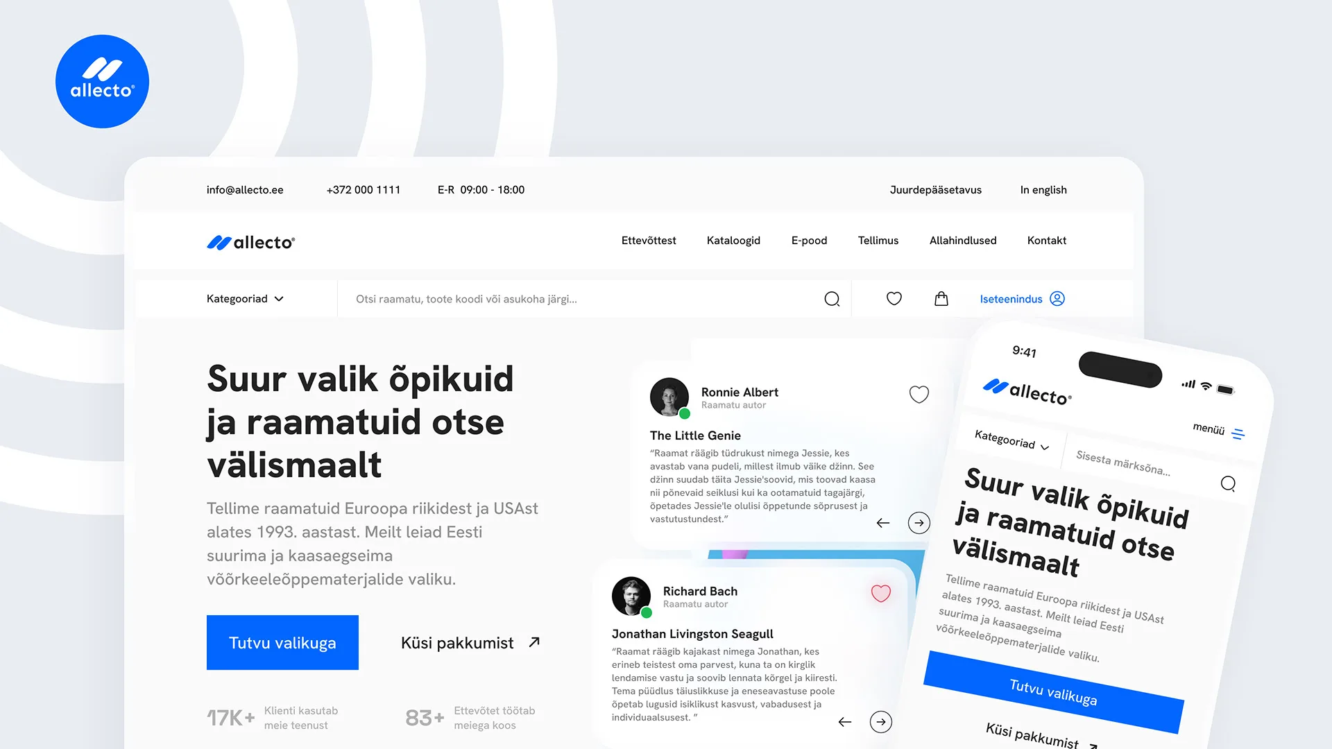 Allecto desktop website with hero headline, navigation, reader testimonial cards, and a mobile view overlay
