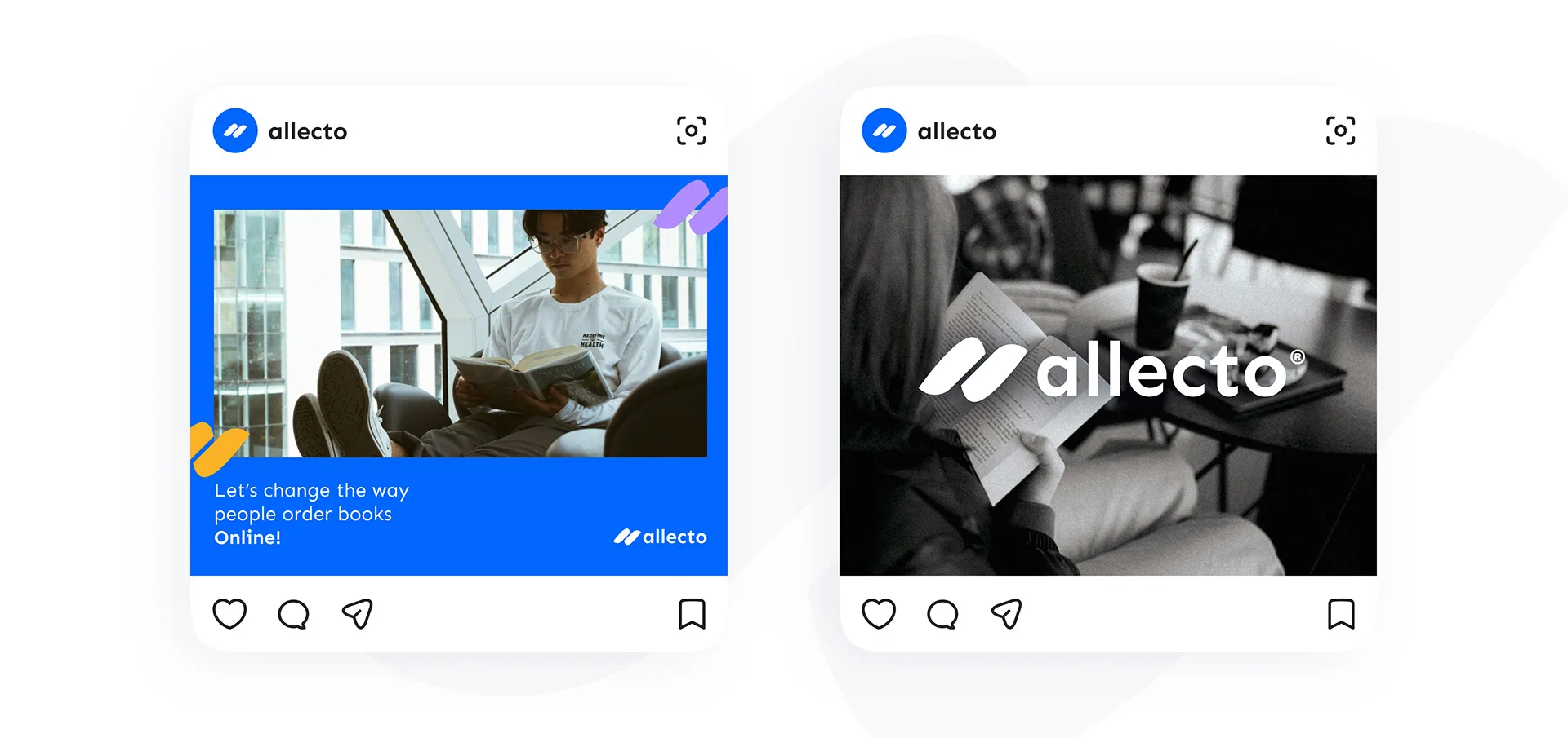 Two Allecto social media tiles — a blue promotional post and a black-and-white editorial reading photo